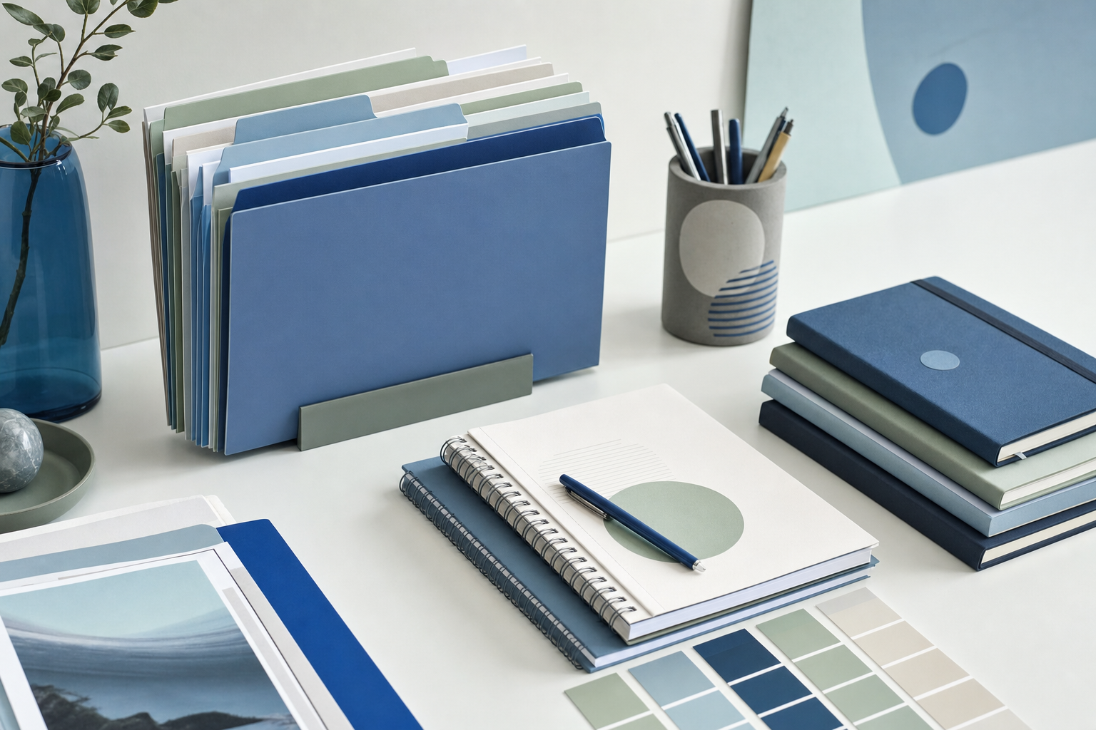 A small agency desk with multiple client content packages laid out for review