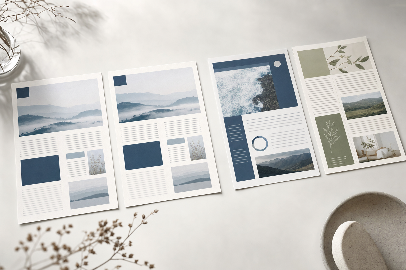 Two pairs of printed newsletters: one pair looks identical, the other has distinct visual personalities