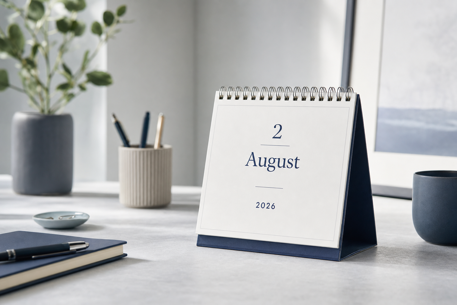 A calendar page showing a single date at rest on a desk, muted blue and slate palette