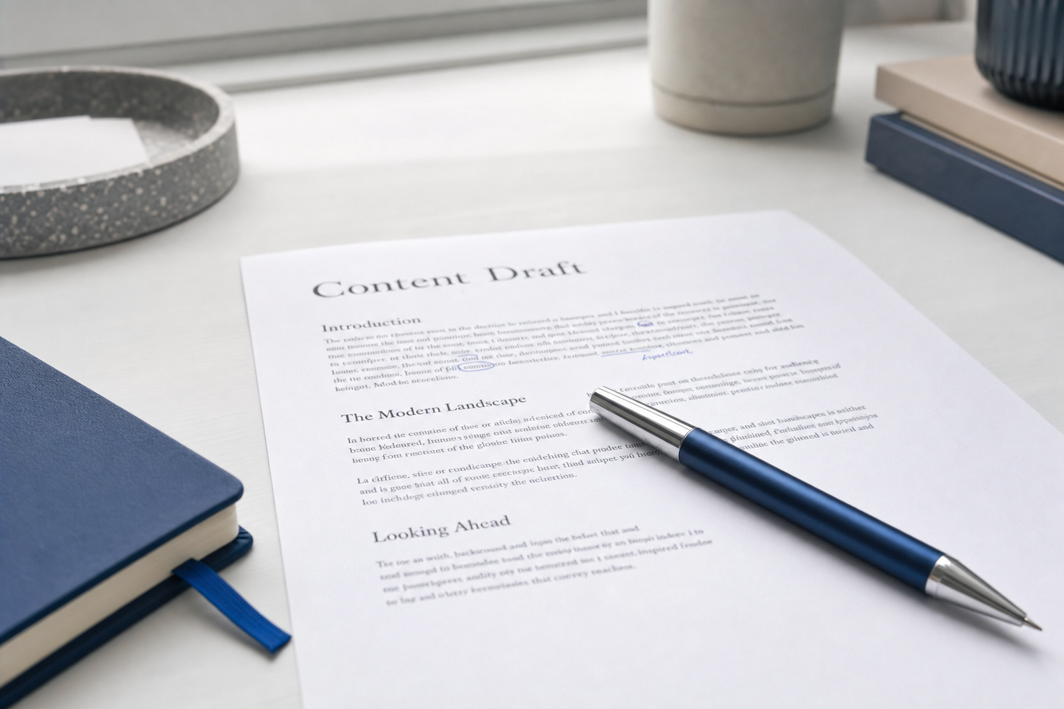 A printed content draft on a clean desk with a pen, the editorial pass before publishing