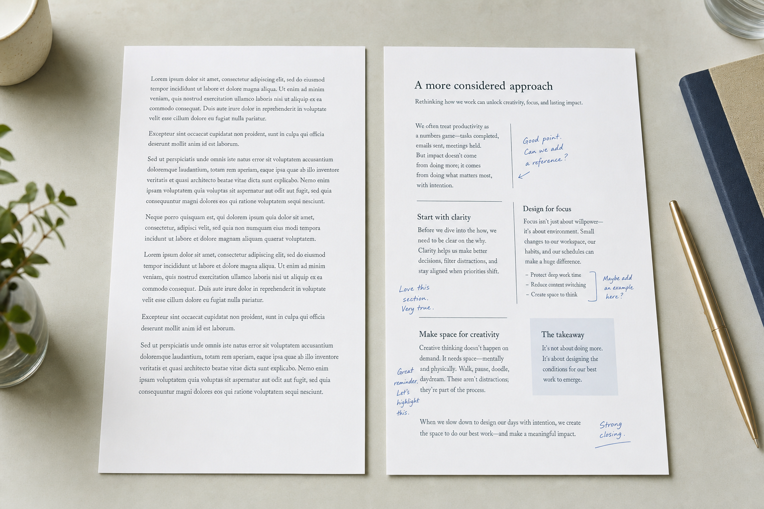 Two printed documents side by side: generic AI output on the left, distinctly human-voice content on the right