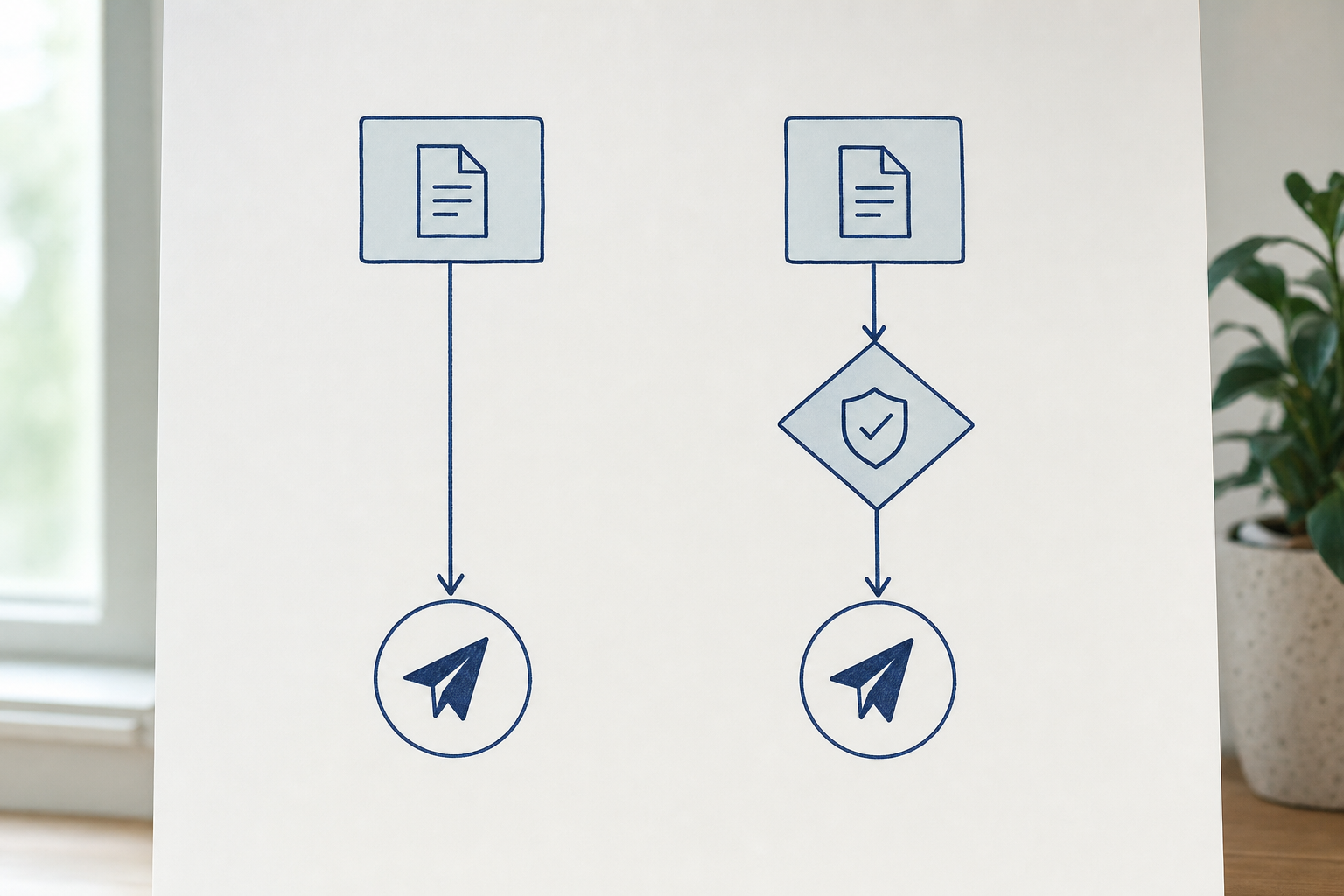 Workflow diagram with two paths: direct to publish versus passing through an editorial review gate