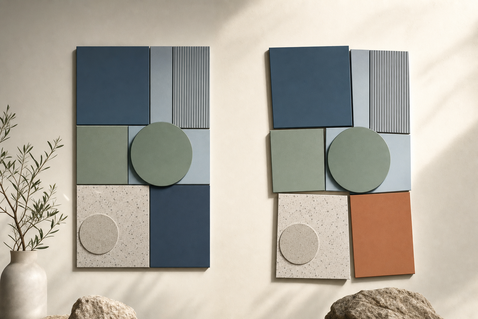 Two side-by-side abstract compositions, one harmonious in brand colors and one subtly misaligned and off-tone