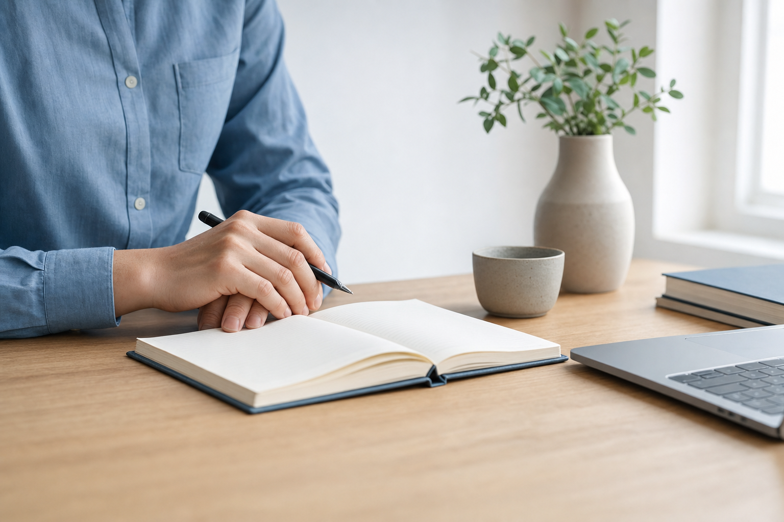 Person's hands resting beside an open notebook on a minimal desk with laptop, soft natural window light, frost-white background