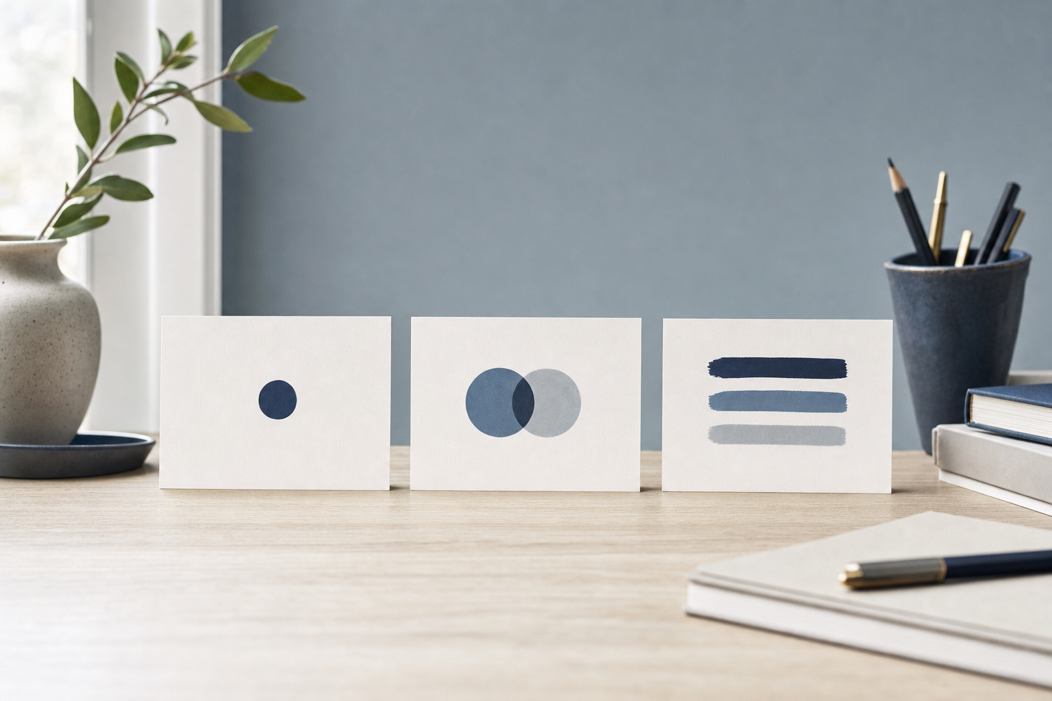 A sequence of printed index cards arranged left to right on a minimal desk surface, implying a process flow, muted blues on pale slate background, soft natural light