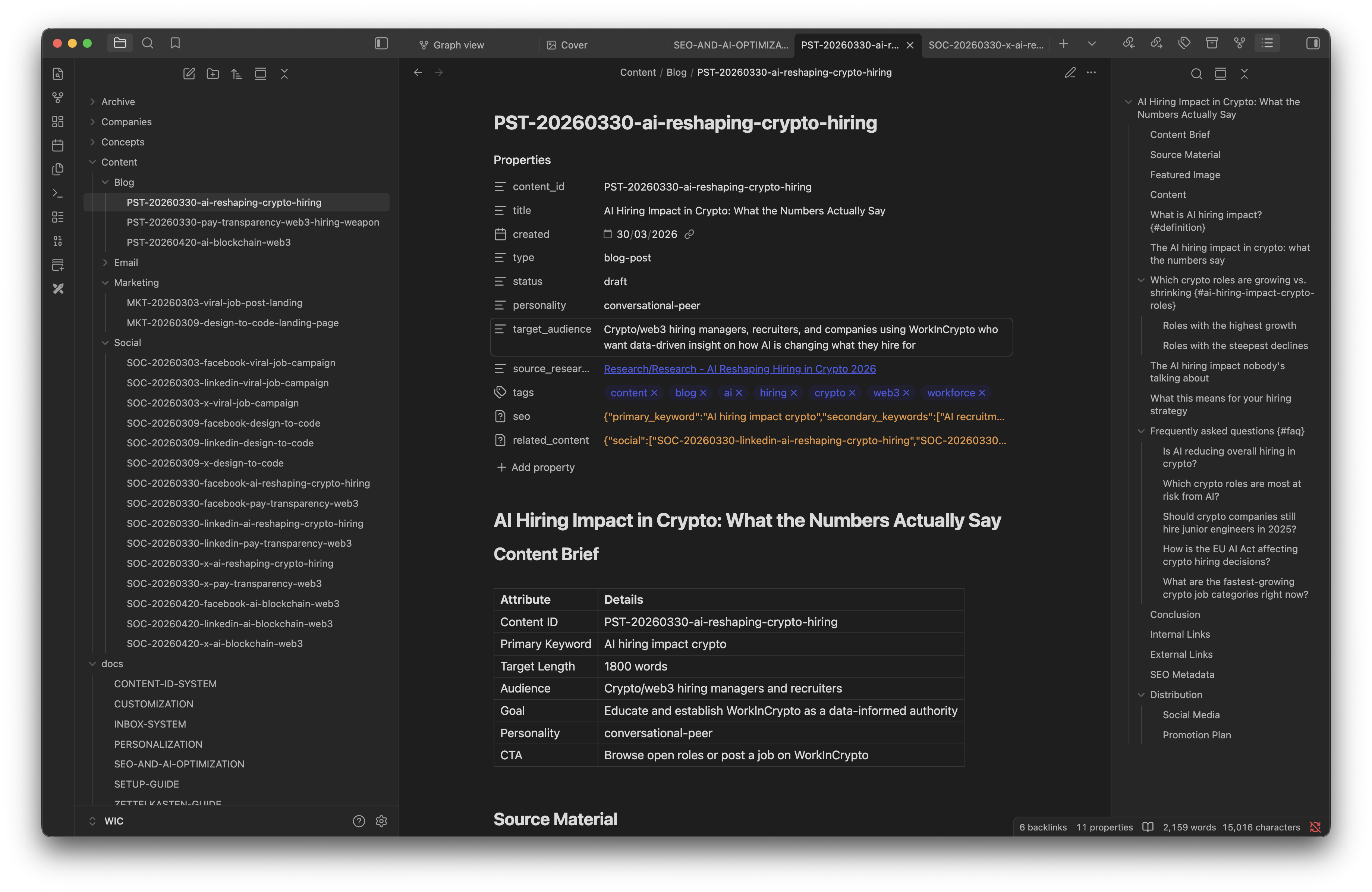 Blog post output in Obsidian — a PST note with content brief, SEO metadata, and full article body