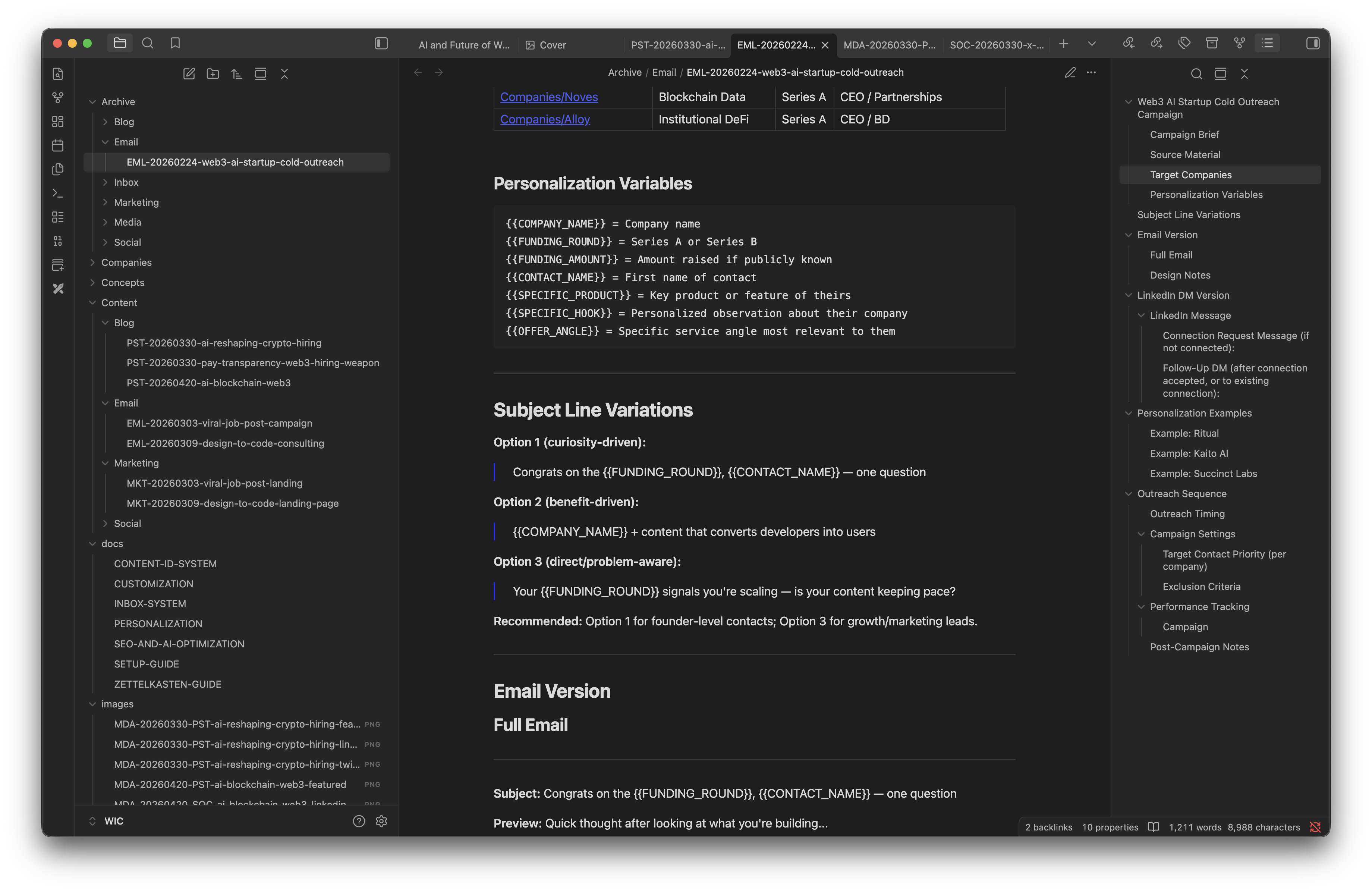 Email outreach output — personalized cold email with subject line variations and personalization variables
